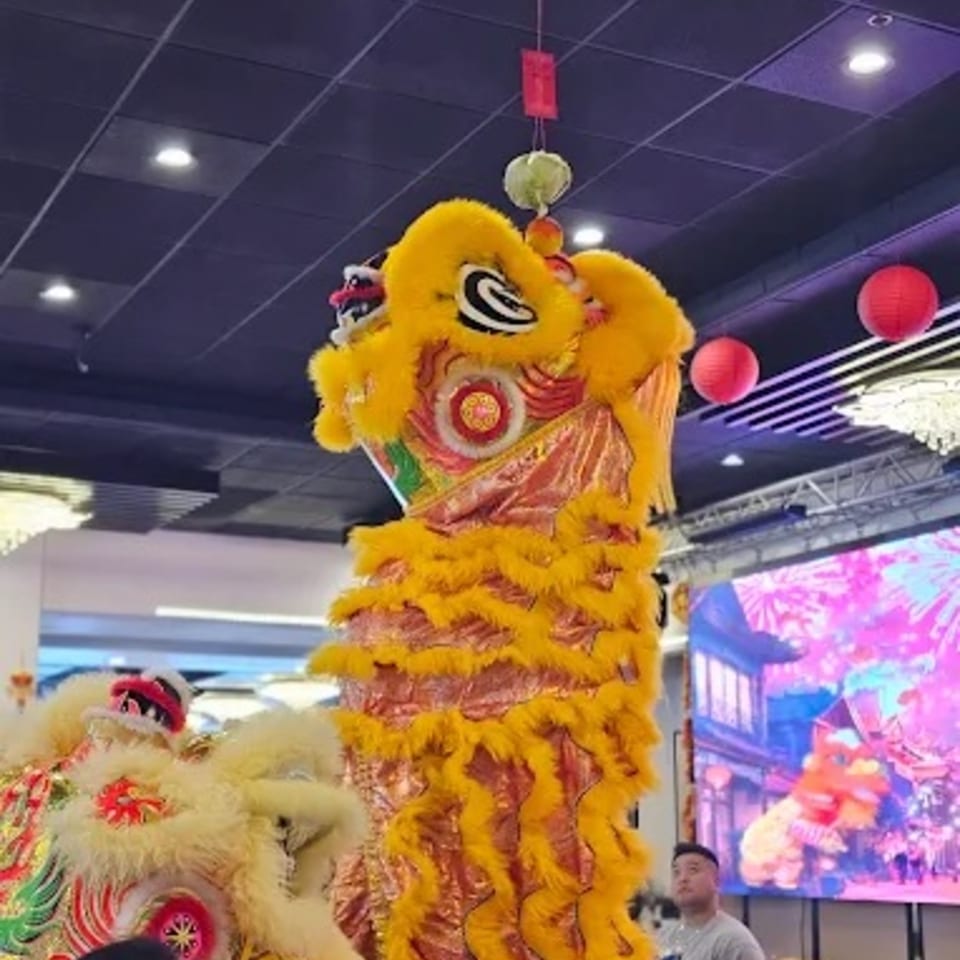 A vibrant yellow and red Chinese lion dance costume performing indoors at Diamond Palace.